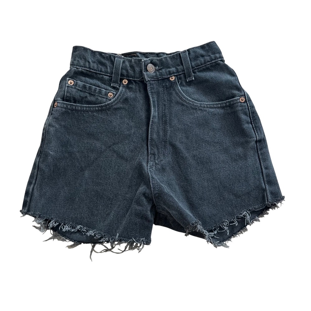 Levis Vintage High Waisted Black Denim Cut Off Shorts Raw Hem 24 Waist